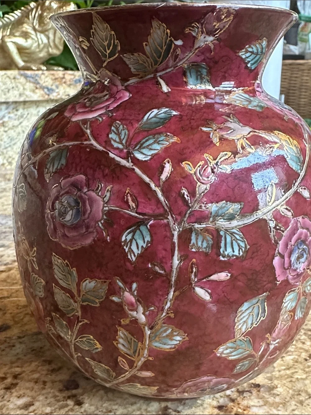 Hand-Painted Floral Ceramic Vase in Burgundy with Pink Roses